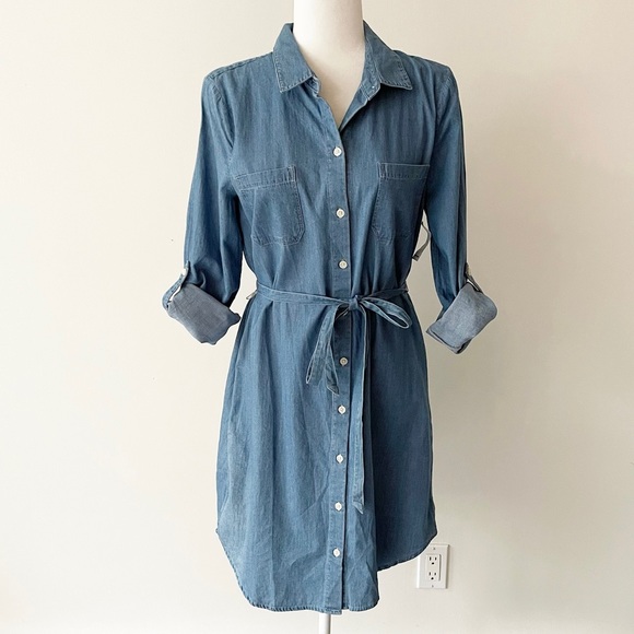 Old Navy | Blue Chambray Roll Tab Tie Waist Shirt Dress *NWT* - Picture 2 of 16